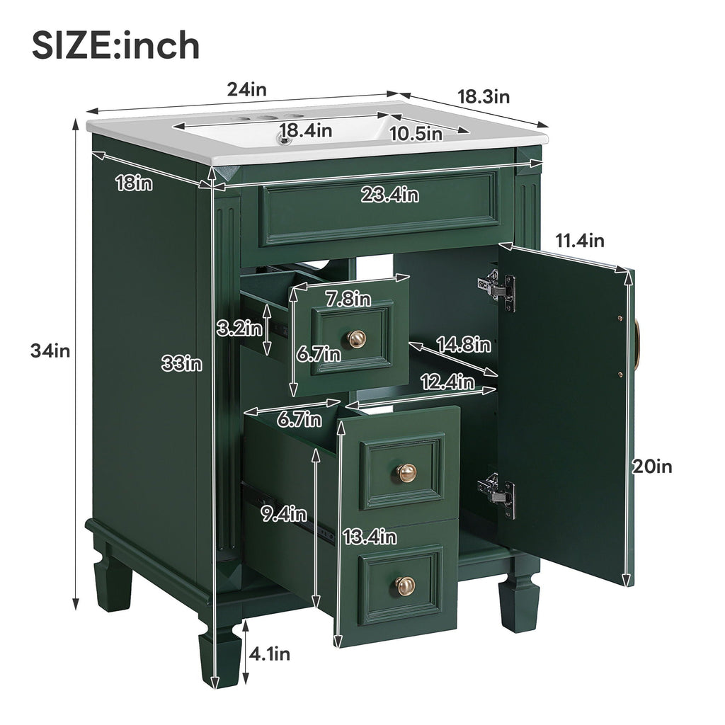 Compact Bathroom Vanity with Ceramic Sink and Storage Drawers - White, Green, Black