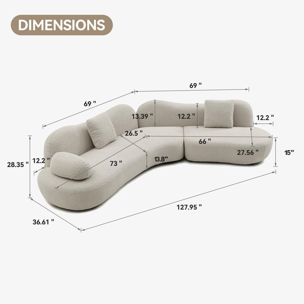 Modern Curved Modular 5 Seater Sofa with Plush Pillows - White or Beige
