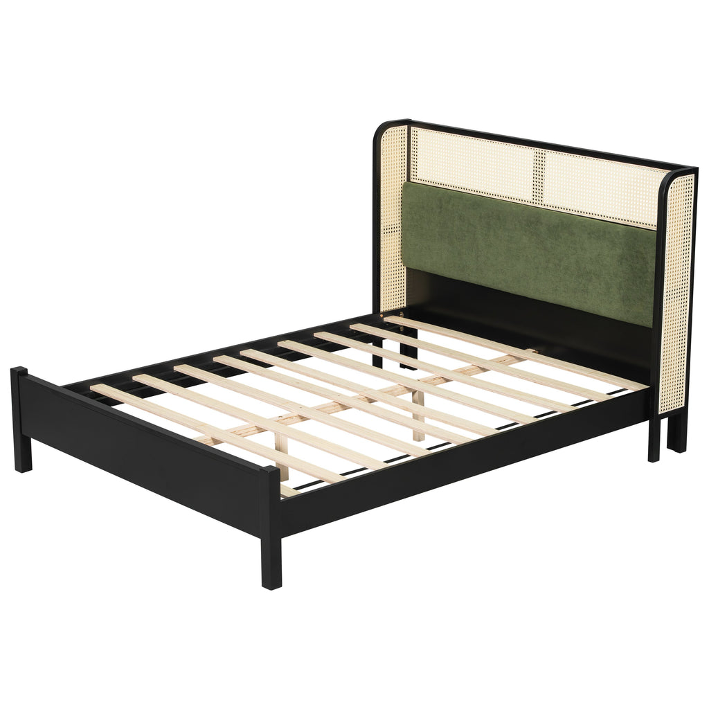 Queen Size Bed Frame with Plush Green Upholstered Headboard - Green