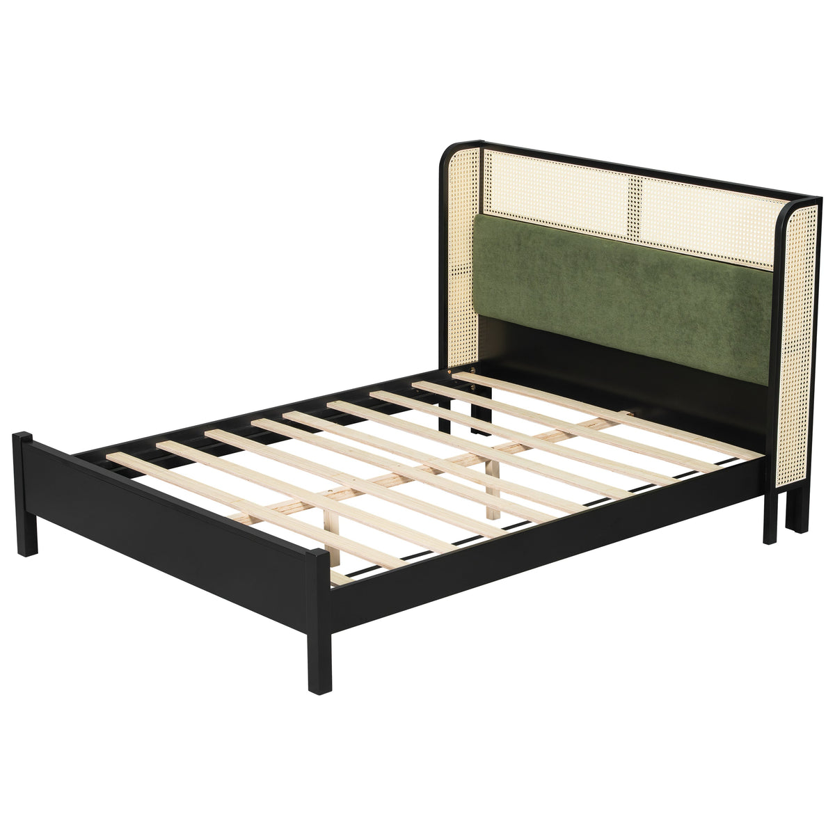 Queen Size Bed Frame with Plush Green Upholstered Headboard - Green