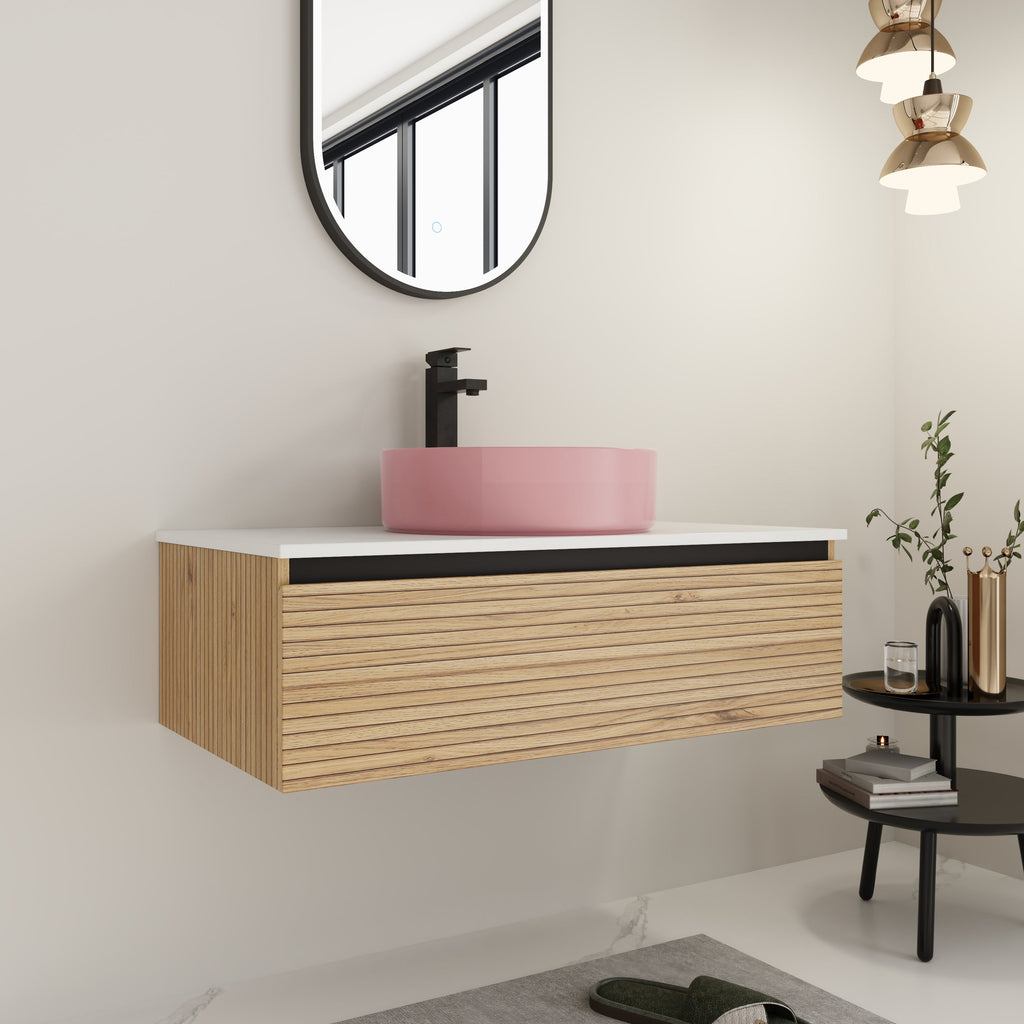 36" Wall-Mounted Bathroom Vanity with Soft-Close Drawer and Ceramic Sink - Light Coffee