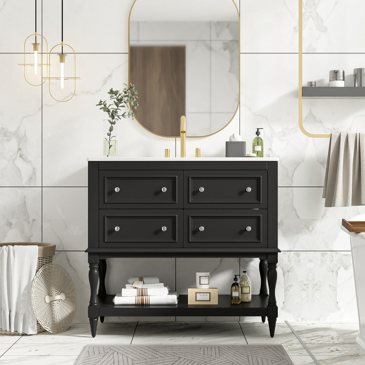 36" Bathroom Vanity Cabinet with Undermount Sink and 4 Drawers - Beige, Black, White