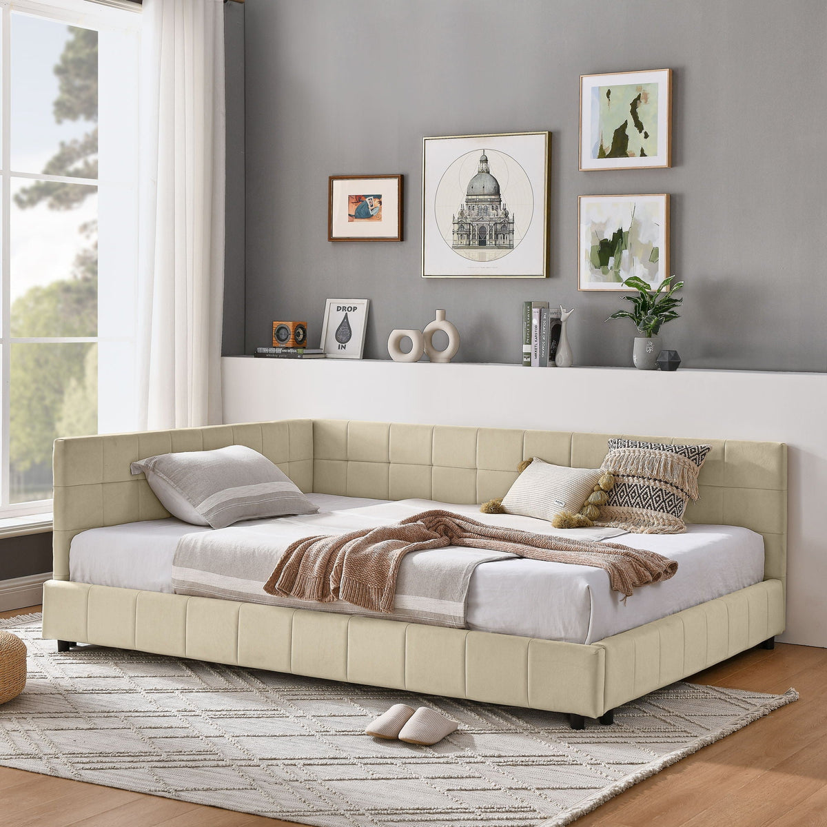 Mid-Century Storage Upholstered Tufted Bed Frame with Backrest and Armrests - Multiple Colors