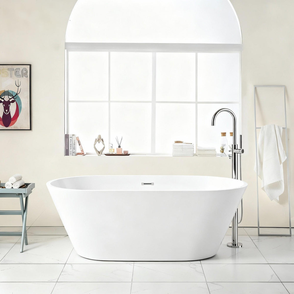 Gloss Freestanding Soaking Bathtub with Overflow and Drain - White
