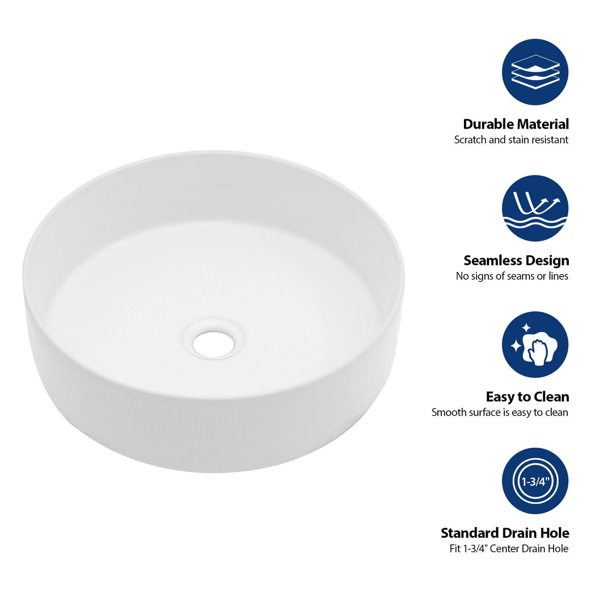 Ceramic Vessel Bathroom Sink with Stain Resistant Finish - White