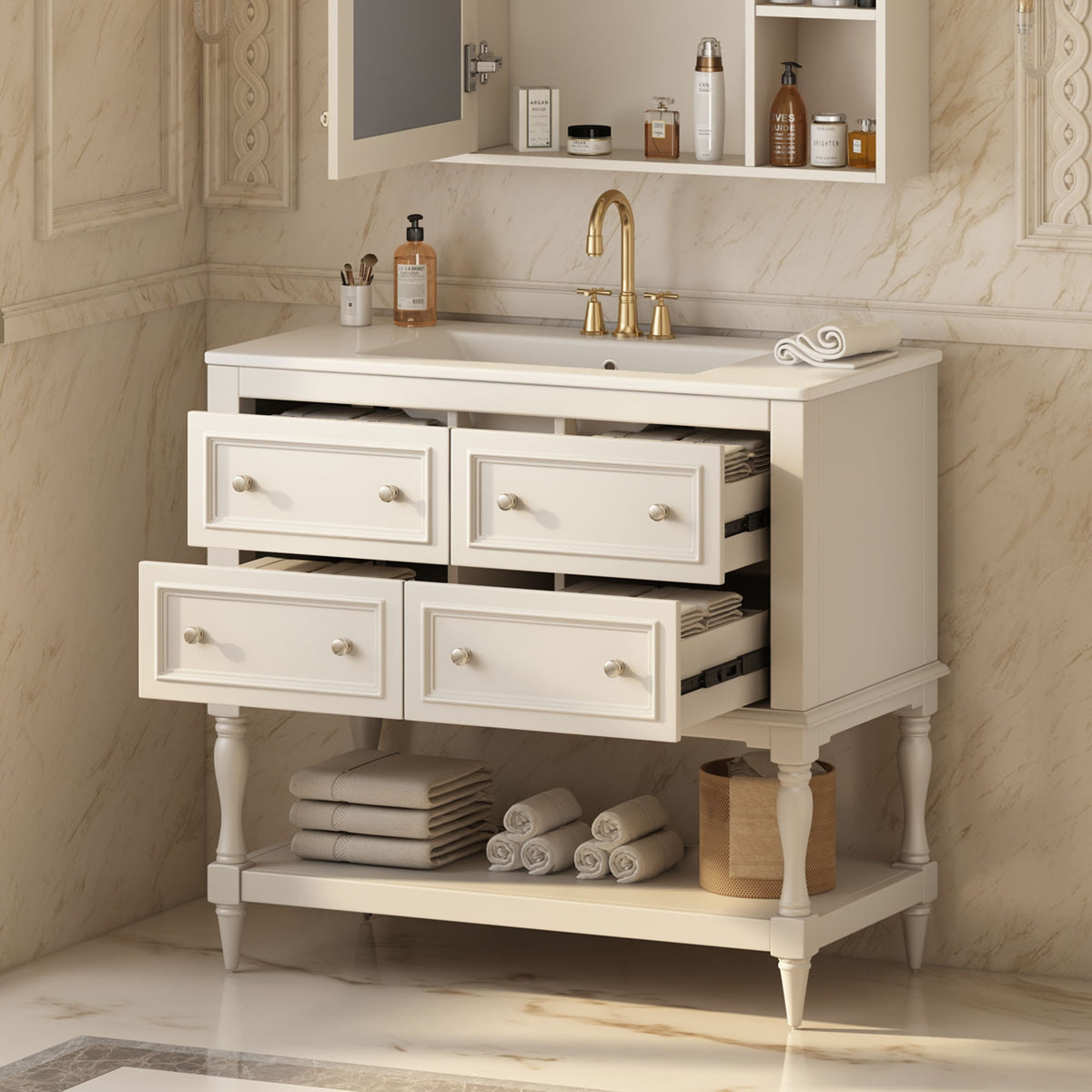 36" Bathroom Vanity Cabinet with Undermount Sink and 4 Drawers - Beige, Black, White