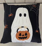 Halloween Ghost Throw Pillow with Embroidered Pumpkin Bucket - Velvet