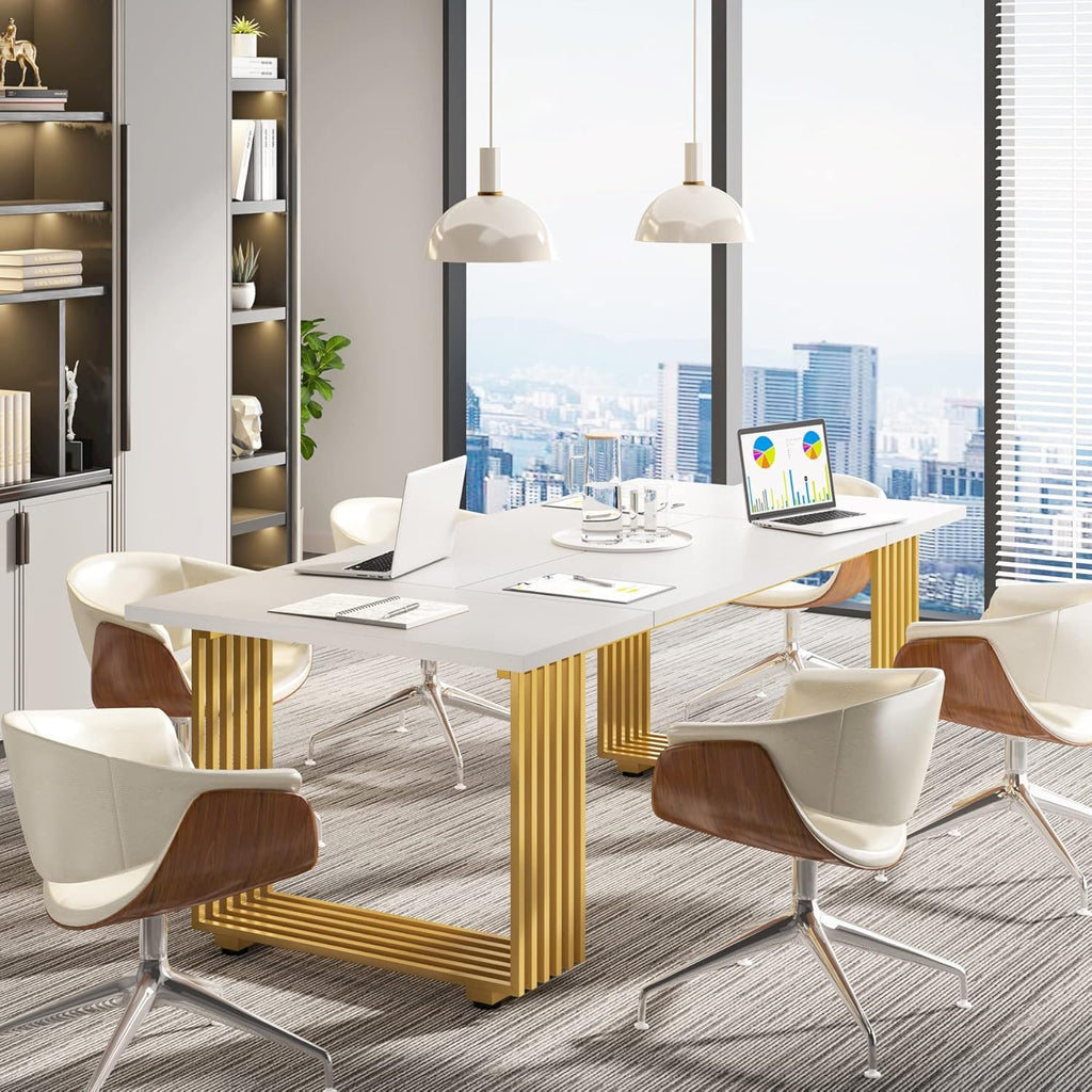 White Executive Desk with Gold Metal Legs - 70.87" Wide