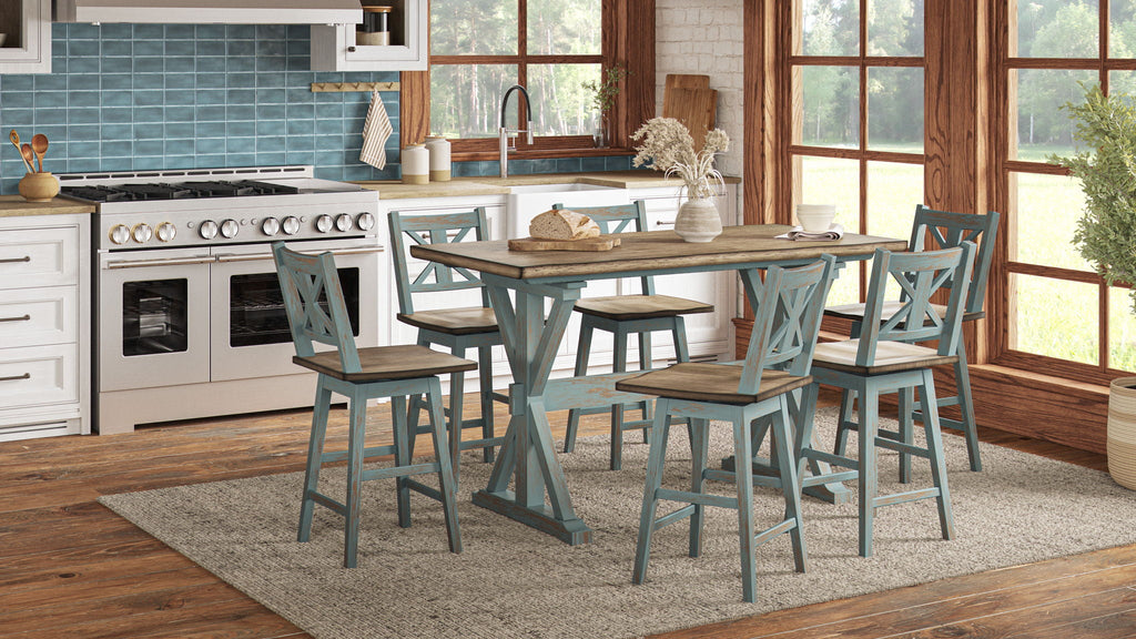 Aqua Blue X-Base Counter Height Dining Table with Solid Wood Construction