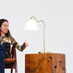 Ornate Ring Base Curved Table Lamp with Triangle Drum Shade - Gold / White