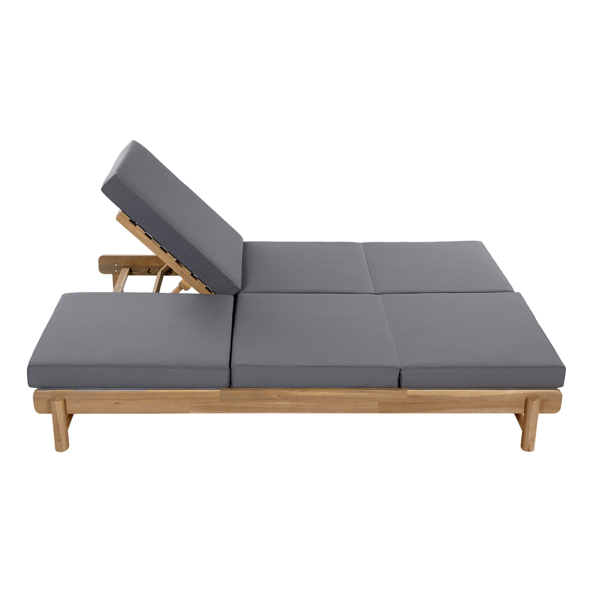 Light Teak Acacia Wood Double Chaise Lounger Set with Dark Grey Cushions - Patio Seating