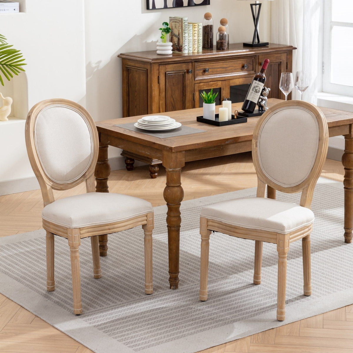 French Style Solid Wood Frame Dining Chair Set with Fabric Back - Beige or Dark Gray