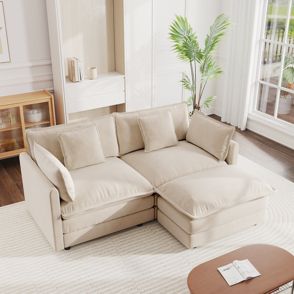 Chenille Two-Seater L-Shaped Sectional Sofa with Ottoman - Chenille