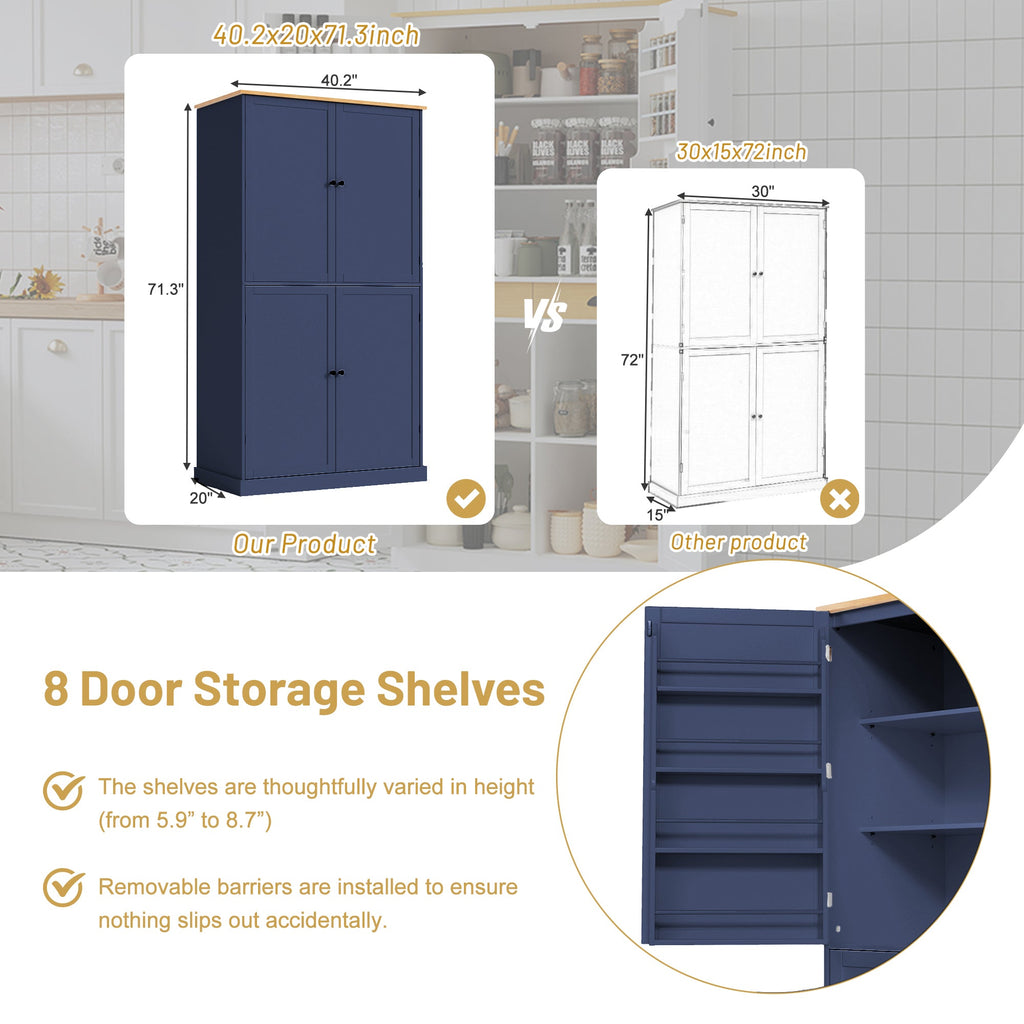 Large Freestanding Kitchen Pantry Storage Cabinet with Adjustable Shelves - Blue, Gray, White