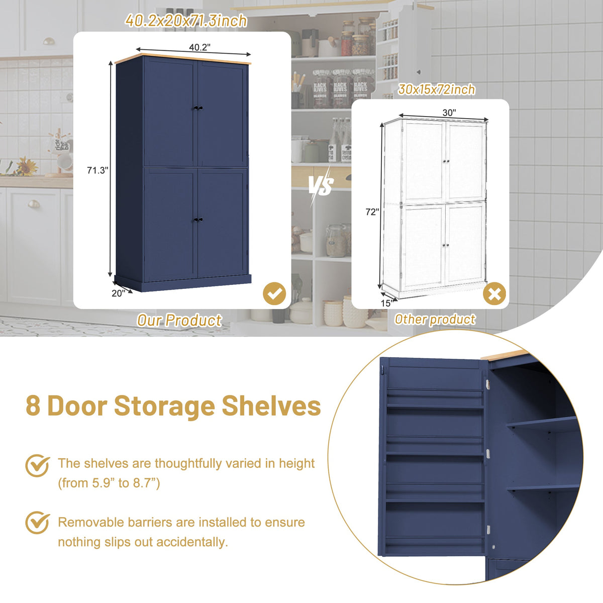 Large Freestanding Kitchen Pantry Storage Cabinet with Adjustable Shelves - Blue, Gray, White