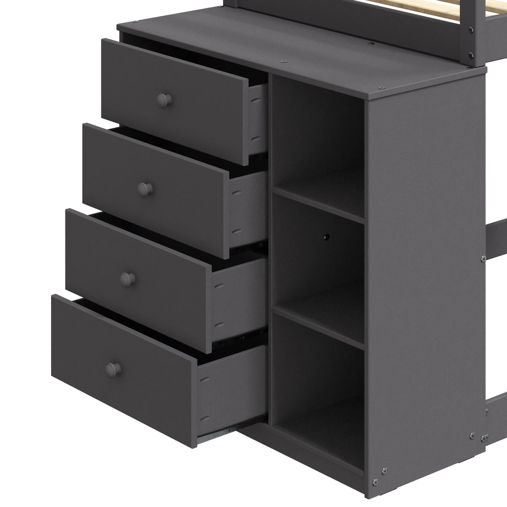 Gray Twin Over Twin Bunk Bed with 4 Drawers and Compartments