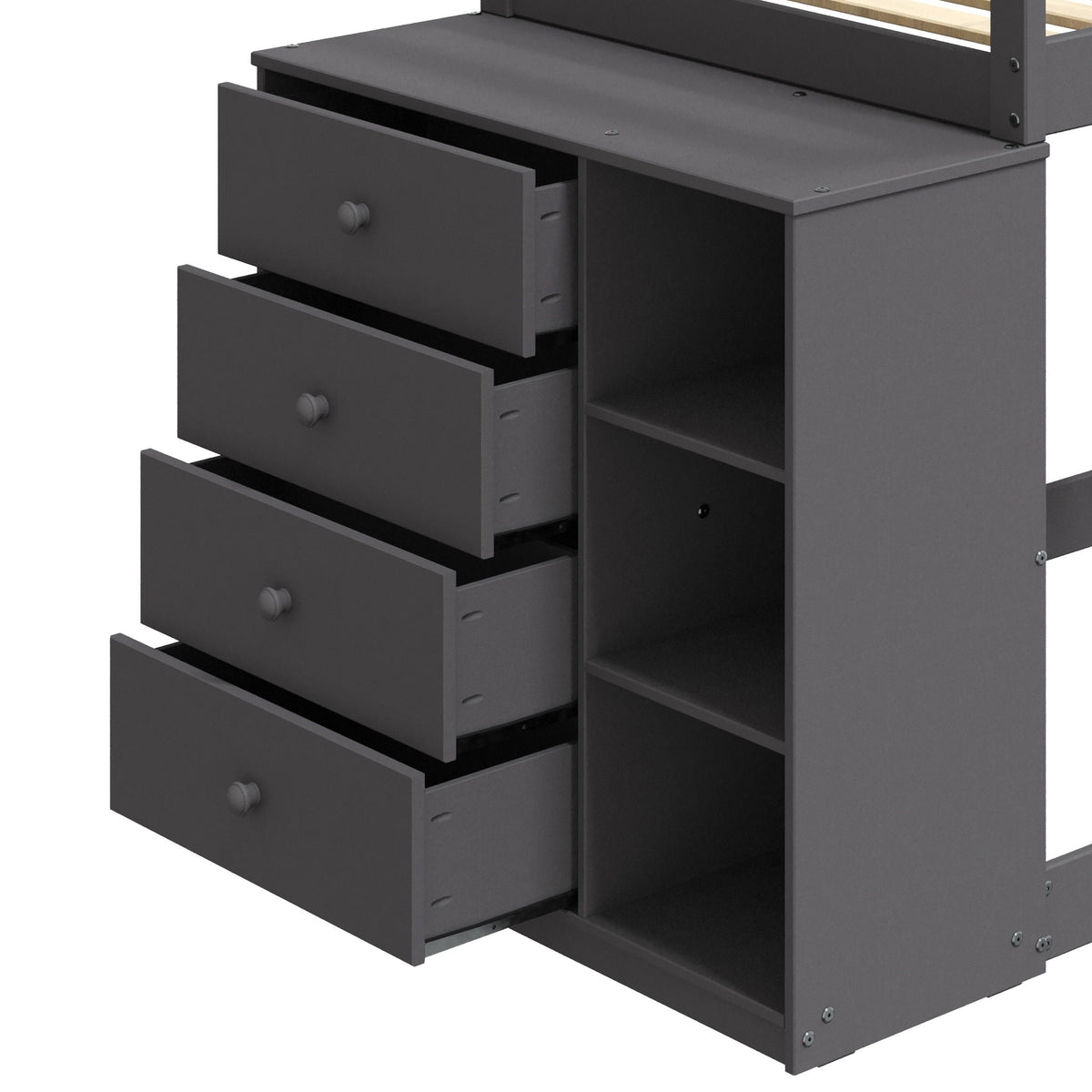 Gray Twin Over Twin Bunk Bed with 4 Drawers and Compartments