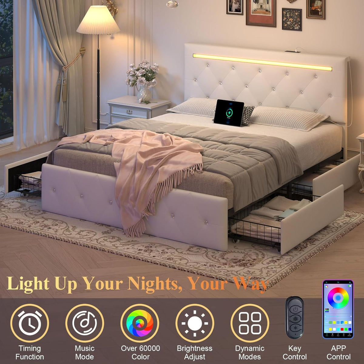 Upholstered Storage Bed Frame with LED Lights and Drawers – White or Black