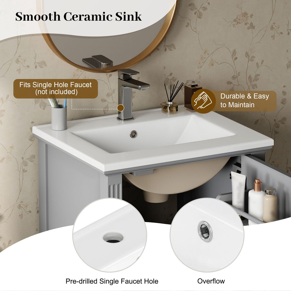 Retro Bathroom Vanity With Sink with Soft-Closing Doors - Green or Dark Gray