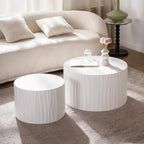 Nesting Coffee Table Set of 2 Round Wooden Tables with Handcrafted Relief - Wood Finish
