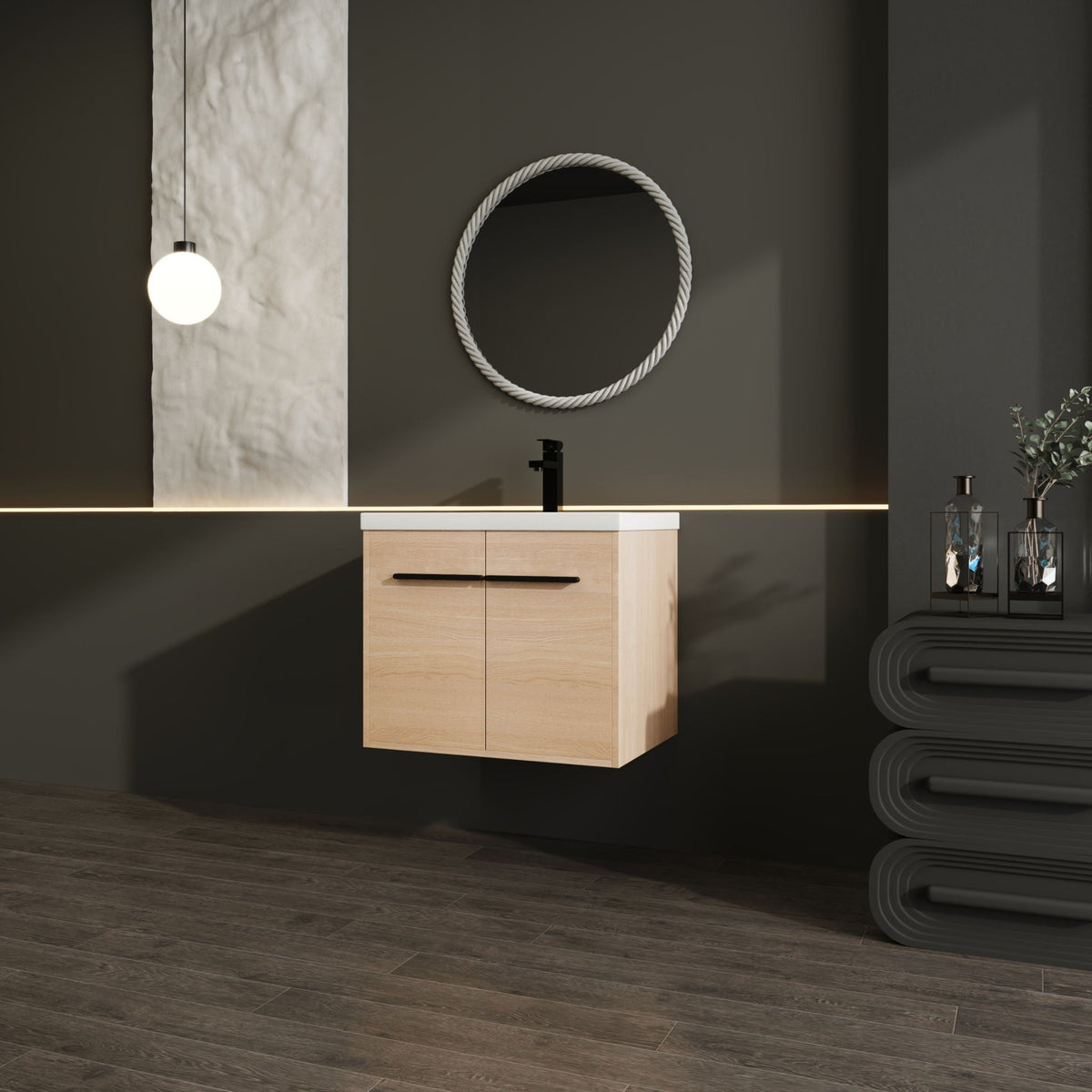 Bathroom Vanity Set with Resin Countertop Sink and 2 Doors - Light Brown Oak
