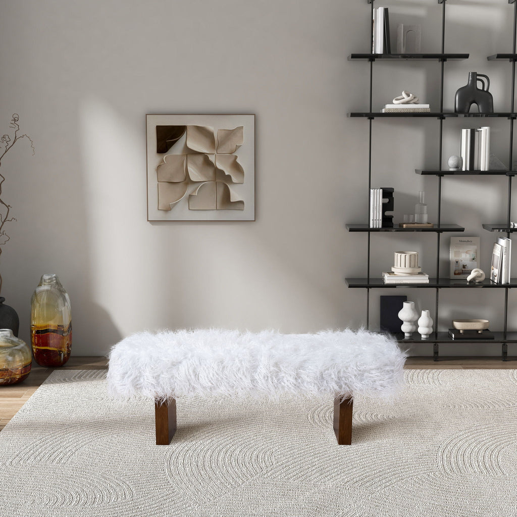 White Khaki Fur Bench with Walnut Frame - Upholstered Bench