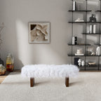 White Khaki Fur Bench with Walnut Frame - Upholstered Bench