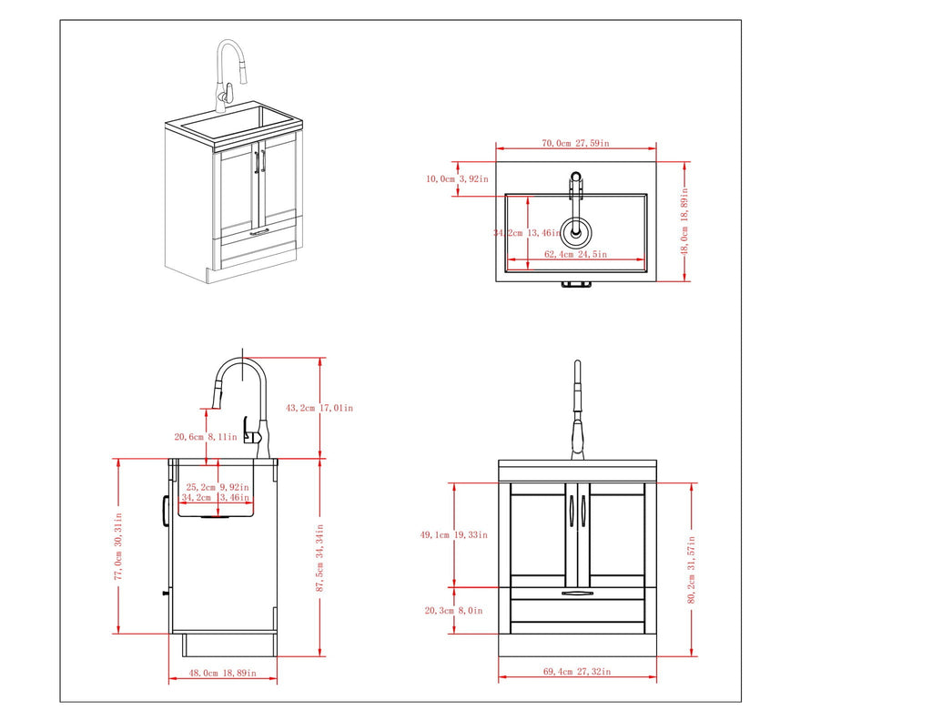 Deluxe Laundry Cabinet with Pull-Out Faucet and Stainless Steel Sink - White