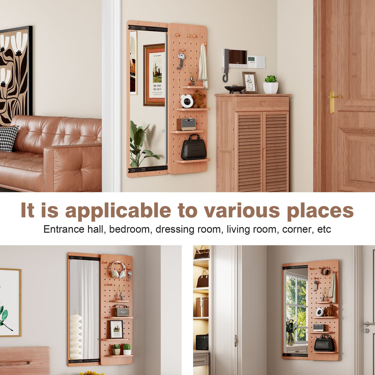 Full Length Wall Mounted Mirror with Shelf and Hook - Dark Brown, White, or Light Brown