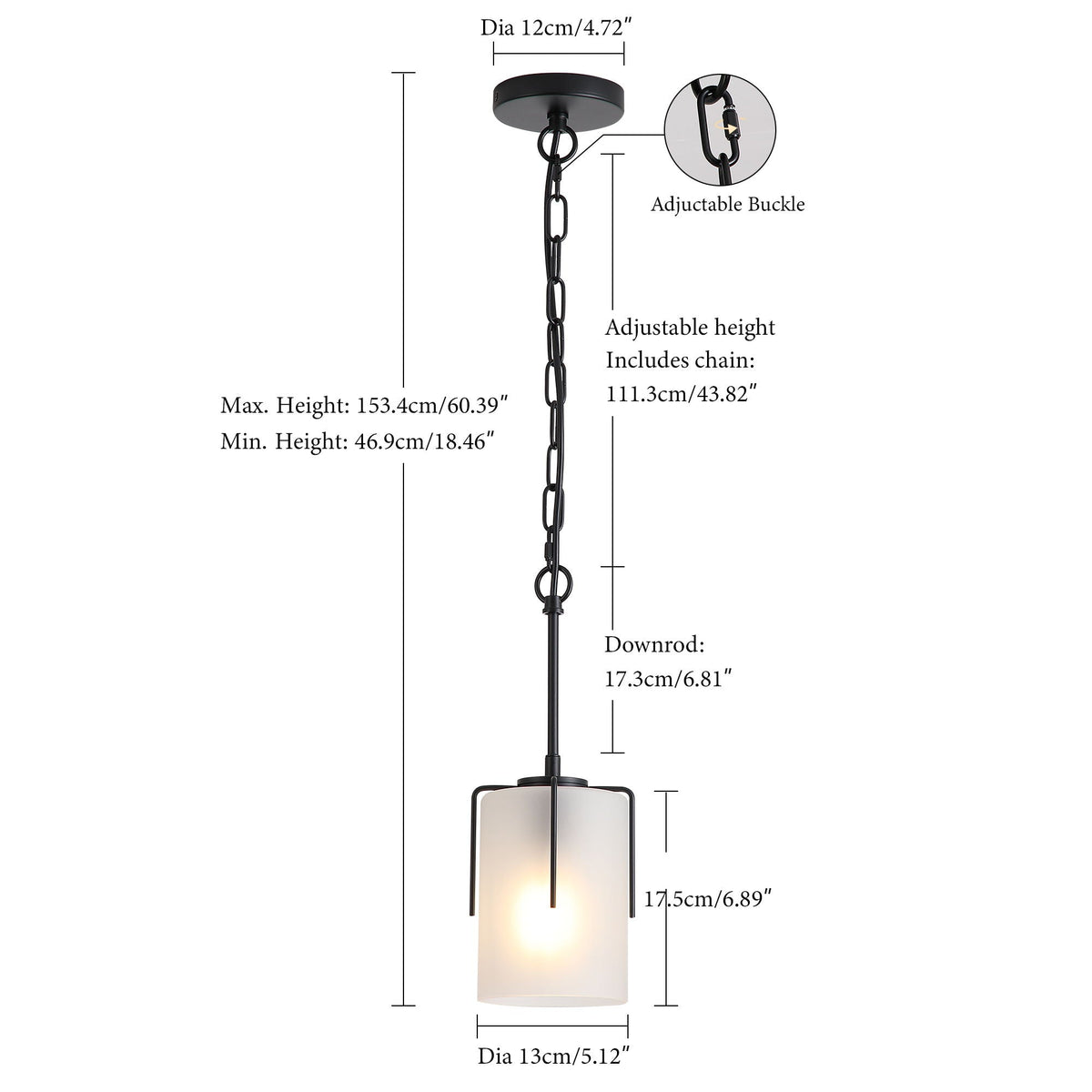 Adjustable Cylindrical Pendant Light with Frosted Glass Shade - Black or Gold