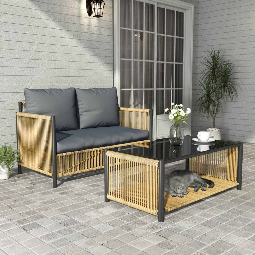 Patio 4-Piece Wicker Sofa Set with Grey Cushions - Brown