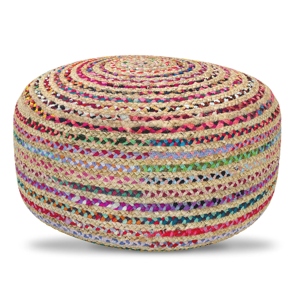 Large Round Pouf with Woven Cotton & Jute - Multicolor