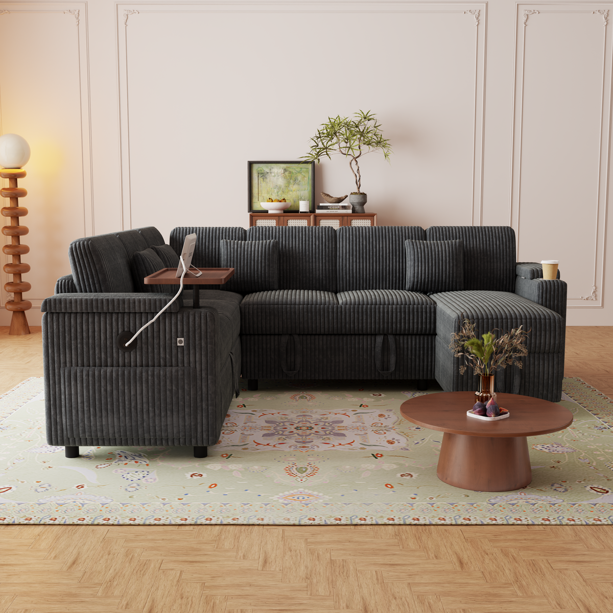 100-Inch Pull-Out Sofa with USB Ports and Cup Holder - Corduroy