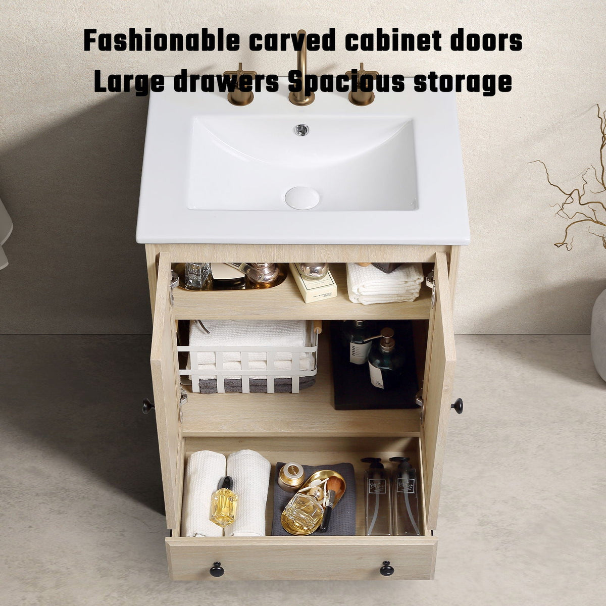 Brown Bathroom Vanity with Ceramic Basin, 1 Drawer Free Standing Storage