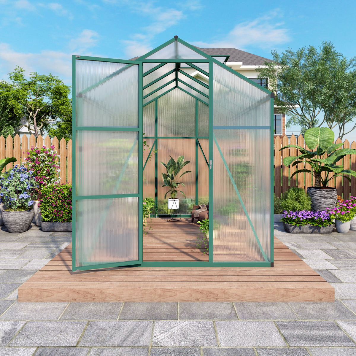 Polycarbonate Walk-In Greenhouse with Raised Base - Green
