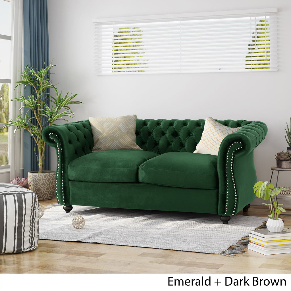 Chesterfield Loveseat Sofa with Tufted Velvet - Emerald or Navy Blue