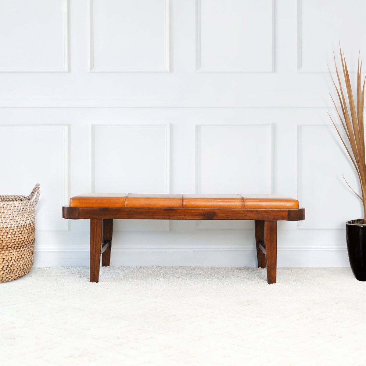 Rustic Upholstered Bench with Genuine Leather Cushion - Tan