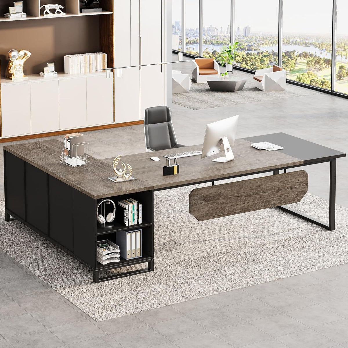 L-Shaped Executive Desk with File Cabinet and Storage - Light Brown or Dark Gray