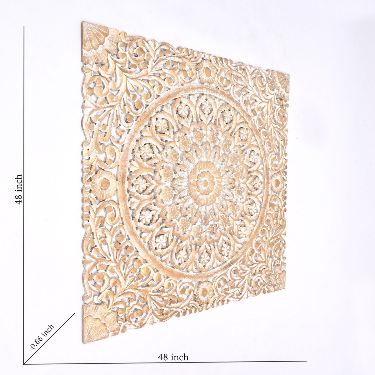 Floral Hand Carved Mandala Square Wall Decor with Spiritual Symbolism - Gold / White