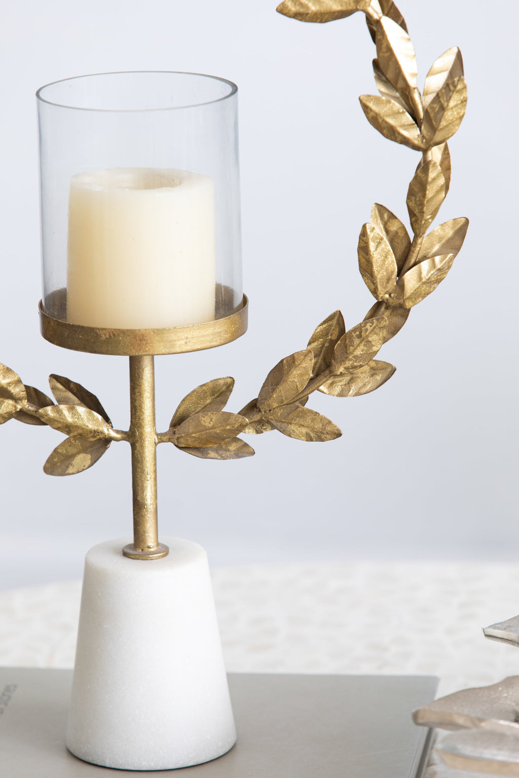 Iron Floral Hurricane Table Lamp with Marble Base - Gold & White