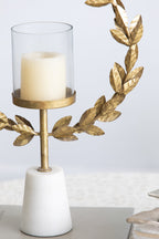 Iron Floral Hurricane Table Lamp with Marble Base - Gold & White