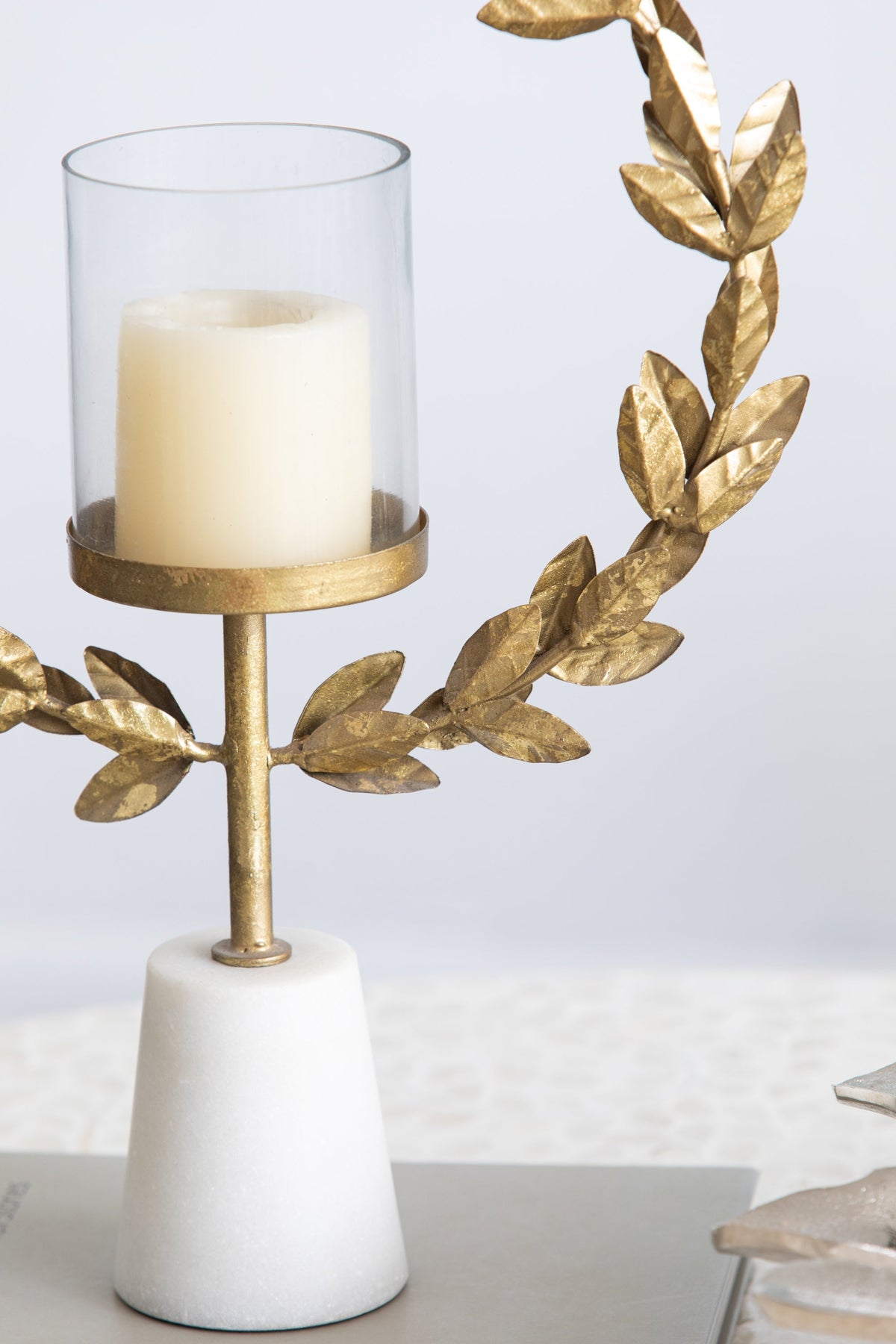 Iron Floral Hurricane Table Lamp with Marble Base - Gold & White