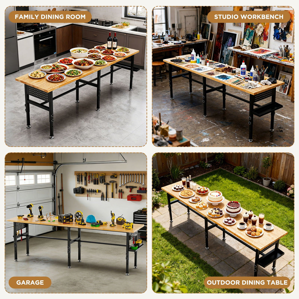 Adjustable Workbench with Pegboard and Power Outlet - Black