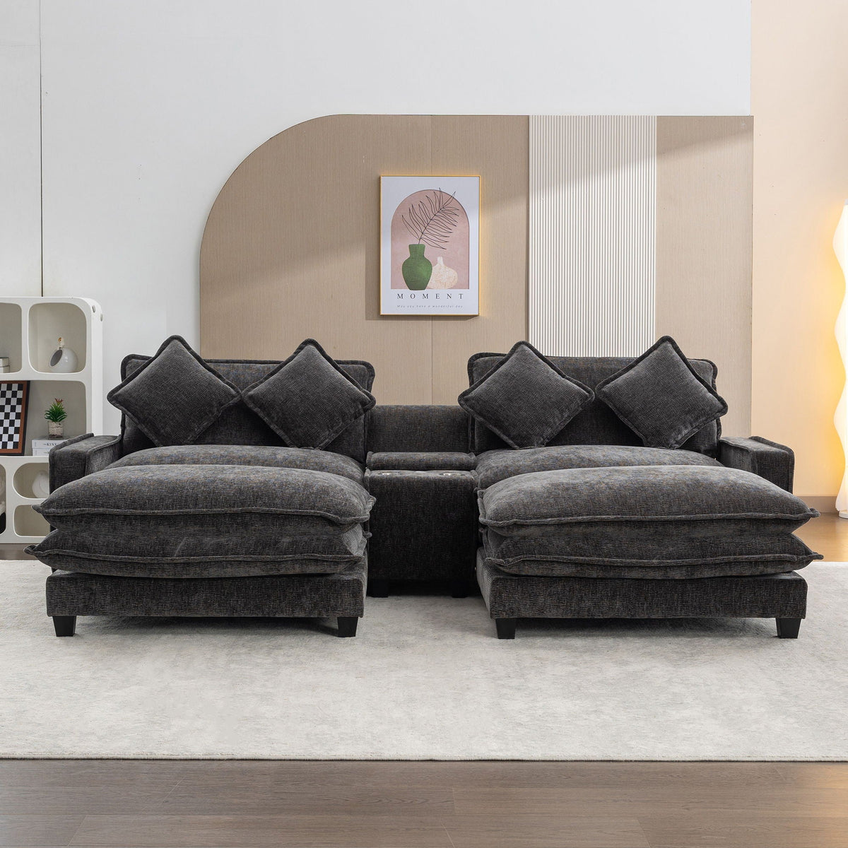 Modern Sectional Sofa with Removable Ottomans, USB Ports - Dark Gray or Light Blue