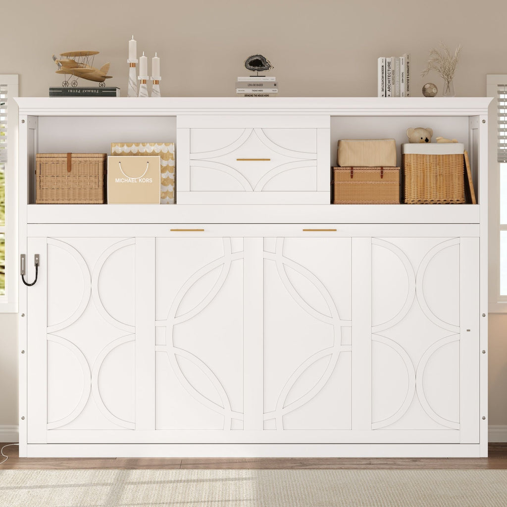 Murphy Bed With Charging Station and Drawer - Twin Storage Bed - White or Light Brown
