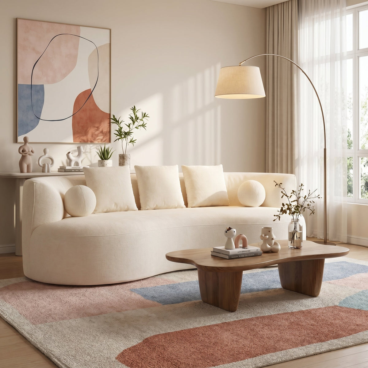 90-Inch Curved Modern Chenille Sofa with Artistic Curved Design - Orange or White