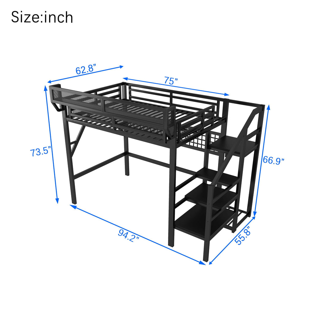 Black Loft Bed with Stairs, Storage Shelf, and LED Lighting