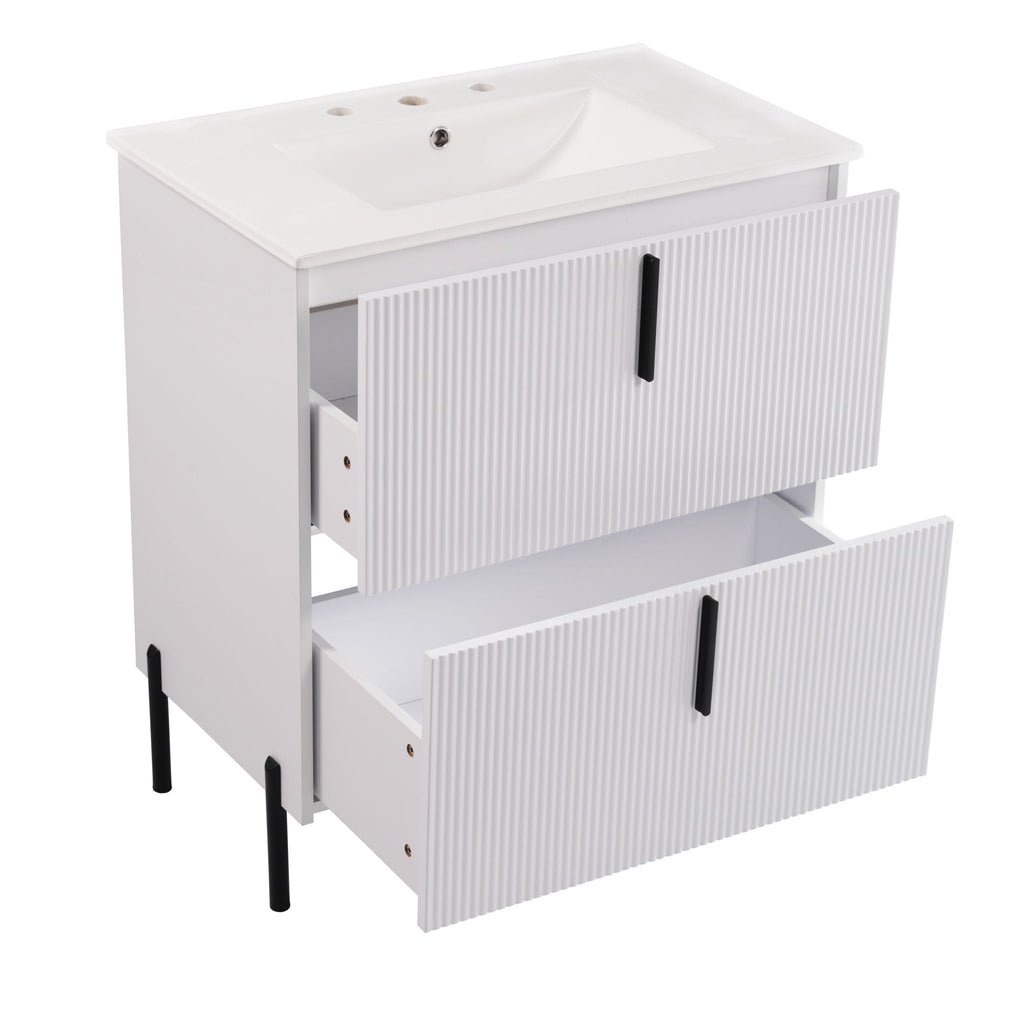 Bathroom Vanity With Ceramic Sink and Fluted Design - Dark Green, White, Light Brown
