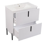 Bathroom Vanity With Ceramic Sink and Fluted Design - Dark Green, White, Light Brown