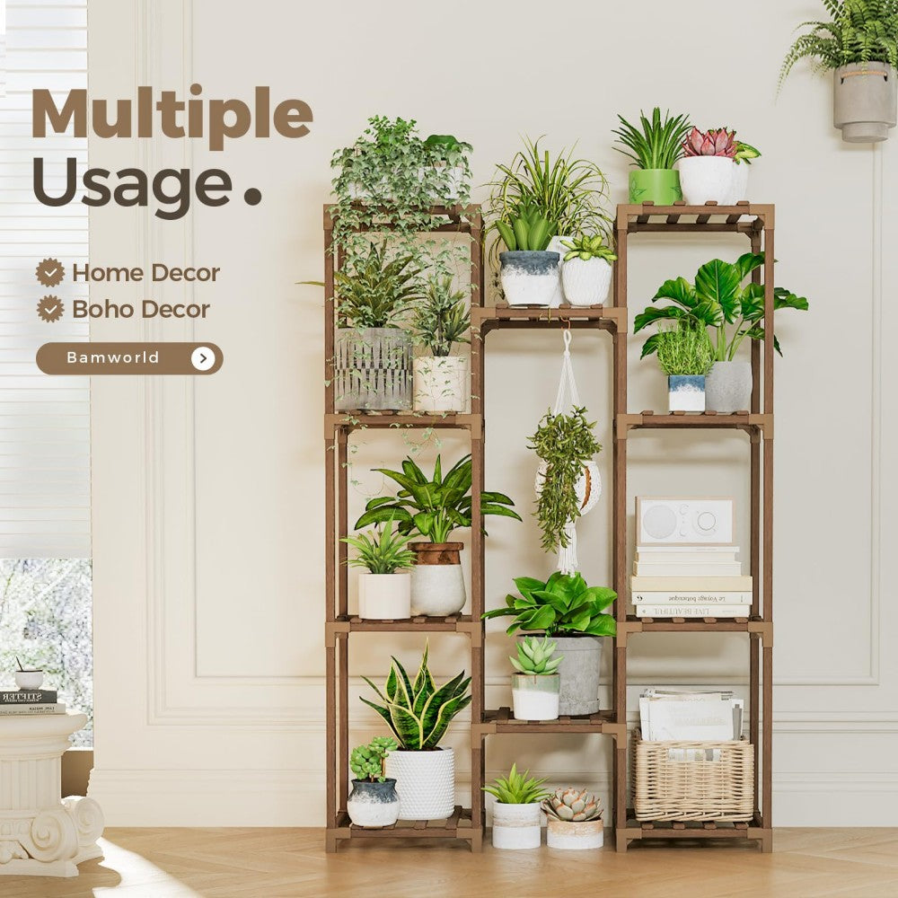 Wood Plant Stand with 10 Shelves - Eucalyptus Finish